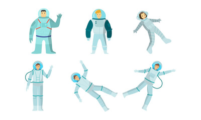 Set of young smiling men and women austronauts in special metallic costumes