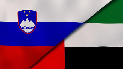 The flags of Slovenia and United Arab Emirates. News, reportage, business background. 3d illustration