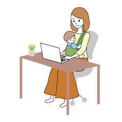 赤ちゃんを抱きながらテレワークをしている女性
