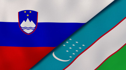 The flags of Slovenia and Uzbekistan. News, reportage, business background. 3d illustration