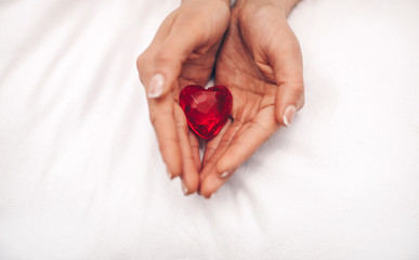 heart in hands. Woman hjand holding red heart. Valentine day. 