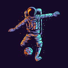 astronaut kick ball planet vector illustration design