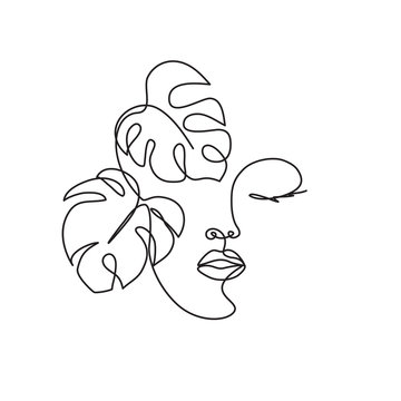 Line Drawing Of The Profile Of A Woman With Flowing Hair And Flowers, For Organic Cosmetics