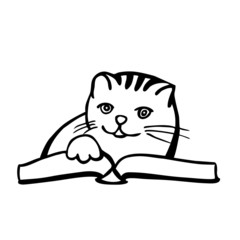 Obraz premium Cute Cat reading a book vector illustration. Paw on the book,whiskers, smiling character.