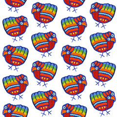 Seamless funny bird pattern on white. Birds are handmade accessory brooches embroidered with beads.