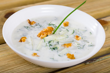Bulgarian chilled soup Tarator in white plate