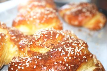 Fresh twisted buns with sesame seeds in the early morning. Morning sunshine