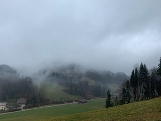 Foggy morning in the countryside, hills, forests and fields view