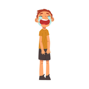 Crying Boy Standing with Bowed Head, Cute Sad Child in Shorts and Tshirt Vector Illustration