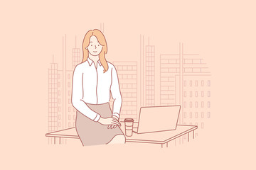 Businesswoman or manager in office concept. Young business woman, company chief, leader boss sitting on office work table with coffee and laptop. Office clerk or manager looking at camera.