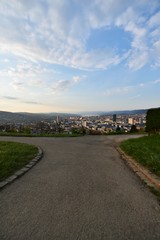 Footpath in the Waid with a view of the city of Zurich Switzerland in the morning with the Alps in the background