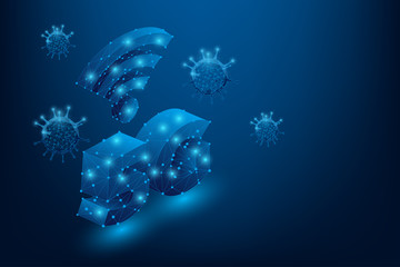 Abstract line and point 5G WiFi sign with coronavirus. Myth about connection Internet and COVID_19. Polygonal high-speed mobile Internet. 
