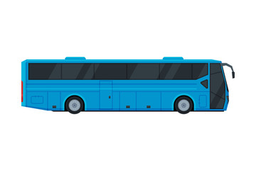 Modern Blue Bus, Side View, Public Transportation Vehicle Flat Vector Illustration