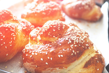 Fresh twisted buns with sesame seeds in the early morning. Morning sunshine