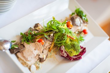 Food and drink at the restaurant. Table setting. Tasting dishes.
Set of cold snacks, canape, beverages, closeup  parte meals
Meals set for holiday, event, party or reception in outdoor restaurant.
