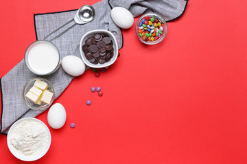 Ingredients for preparing bakery on color background