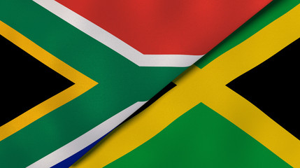 The flags of South Africa and Jamaica. News, reportage, business background. 3d illustration