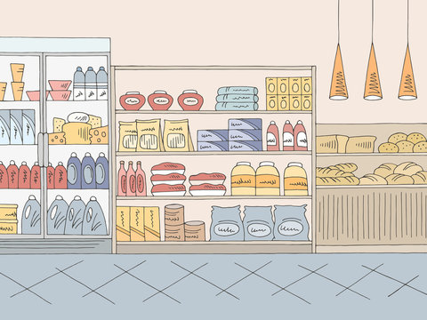 Grocery store shop interior color graphic sketch illustration vector 