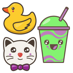 Set of funny pictures: cat, duck, cocktail. Kawaii illustration.