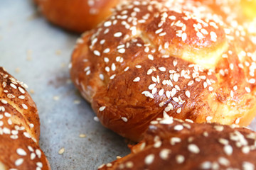 Fresh twisted buns with sesame seeds in the early morning. Morning sunshine