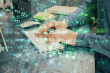 Double exposure of technology hologram with man working on computer background. Concept of big data.