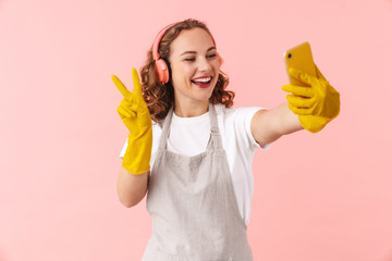 Positive young woman take selfie by mobile phone