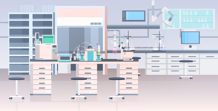 Modern Lab Interior Empty No People Chemical Laboratory With Furniture Horizontal Vector Illustration