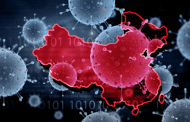 Corona virus attack in China. China map on virus background. 3d illustration.