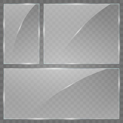 Glass plate on transparent background. Acrylic and glass texture with glares and light. Glass window isolated on white background. Vector illustration. Eps 10.
