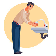 man washes his hands under running water, vector illustration,