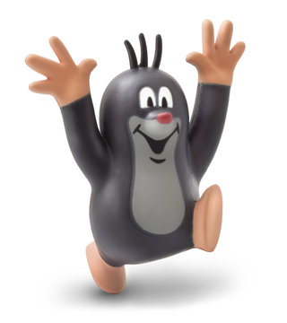 Little mole doll, isolated on white background with clipping path. Mole puppet made on the basis of animated character. In the Czech original called "Krtek" or "Krtecek". With vector path