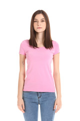 Woman in stylish t-shirt on white background