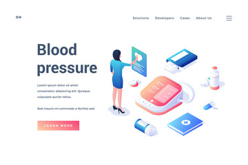 Web banner with medical equipment and worker for blood pressure measurement