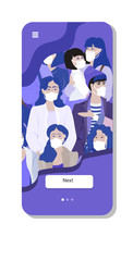 people wearing medical masks coronavirus 2019-nCoV epidemic disease pandemic quarantine concept men women standing together smartphone screen mobile app vertical vector illustration