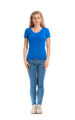 Obraz premium Woman in stylish t-shirt on white background