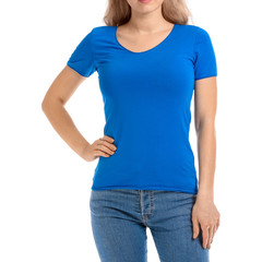 Obraz premium Woman in stylish t-shirt on white background