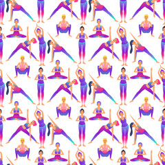 Seamless pattern with beautiful girls doing yoga poses. On white background.
