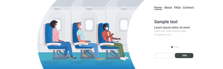 airplane people wearing medical face masks to prevent coronavirus covid-19 pandemic prevention concept men women traveling by plane horizontal full length copy space vector illustration
