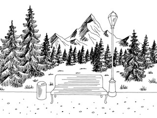 Park graphic black white mountain landscape sketch illustration vector