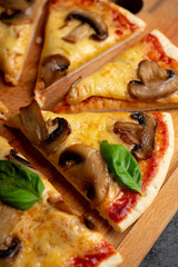 Freshly making pizza with mushrooms served on the rustic background. Selective focus. Shallow depth of field.