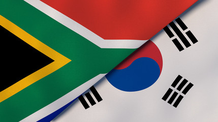 The flags of South Africa and South Korea. News, reportage, business background. 3d illustration