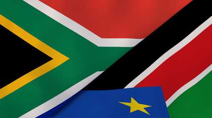 The flags of South Africa and South Sudan. News, reportage, business background. 3d illustration