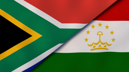 The flags of South Africa and Tajikistan. News, reportage, business background. 3d illustration