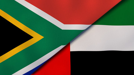 The flags of South Africa and United Arab Emirates. News, reportage, business background. 3d illustration