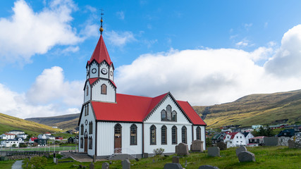 Sandavagur, Faroe Islands - August 2019: The church in sandavagur on Vagar, Faroe Islands