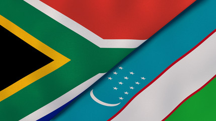 The flags of South Africa and Uzbekistan. News, reportage, business background. 3d illustration