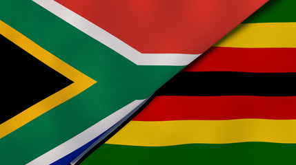 The flags of South Africa and Zimbabwe. News, reportage, business background. 3d illustration