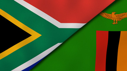 The flags of South Africa and Zambia. News, reportage, business background. 3d illustration