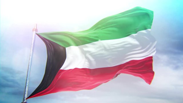 a 4K animated flag on a pole with a bright blue sky in the background, Kuwait flag waving through the wind in slow motion