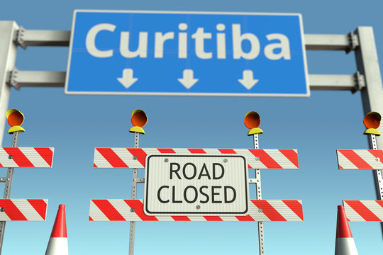 Roadblocks Near Curitiba City Traffic Sign. Lockdown In Brazil Conceptual 3D Rendering